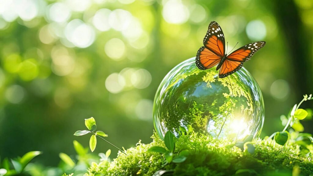Monarch butterfly resting on a glass globe reflecting a sunlit green forest