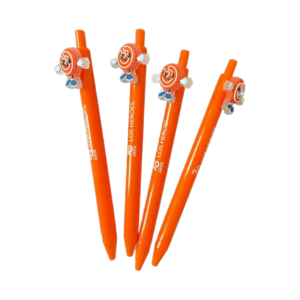 Custom character topper pens with rubber mascot clip, orange barrel, custom logo