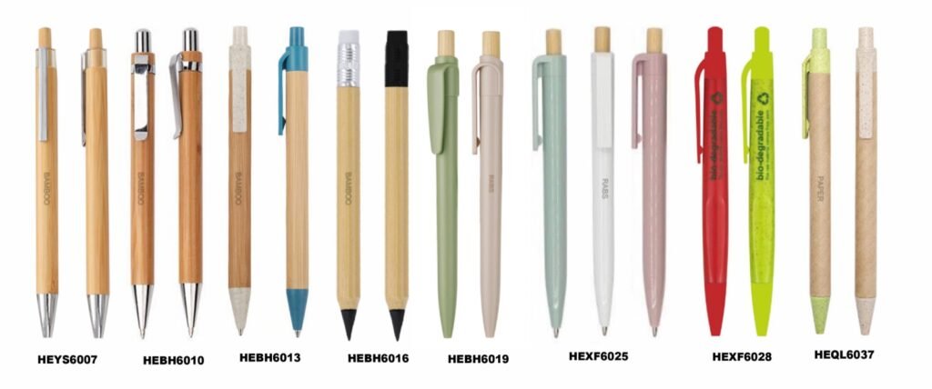 Range of ecological pens in bamboo, wheat straw and recycled paper barrels with model codes