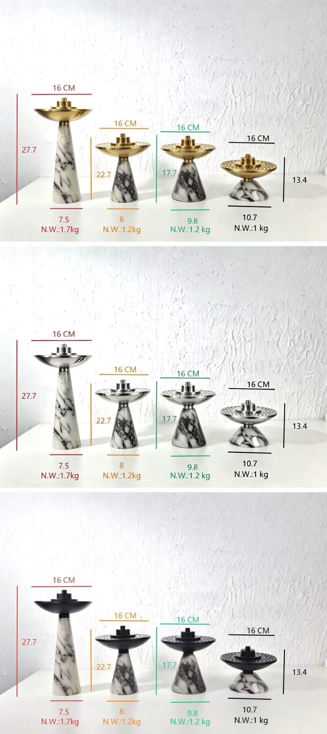 Marble & Metal Incense Burner Size Guide — Four Heights in Gold, Silver and Black