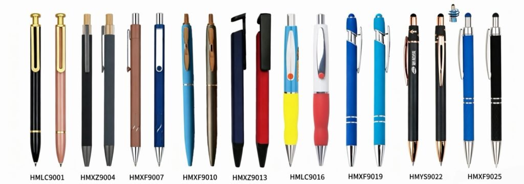 Range of aluminium metal promotional pens in soft-touch, metallic and stylus-tip finishes with model codes