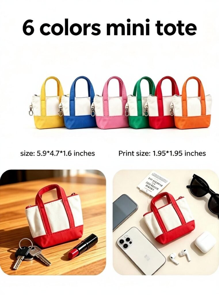 Mini canvas tote pouches with zip top and snap clip in six colorways, shown with keys, lipstick and earbuds for scale