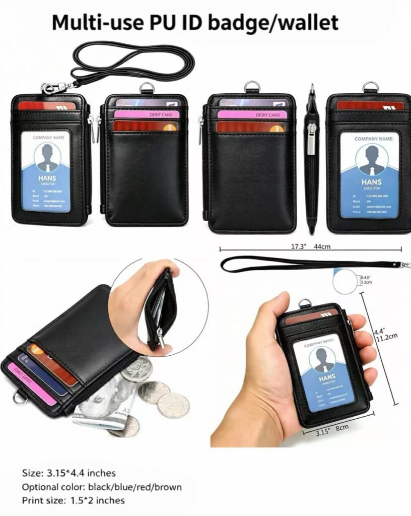 Black PU leather ID badge wallet with clear ID window, card slots, zippered coin pocket, pen loop and detachable lanyard