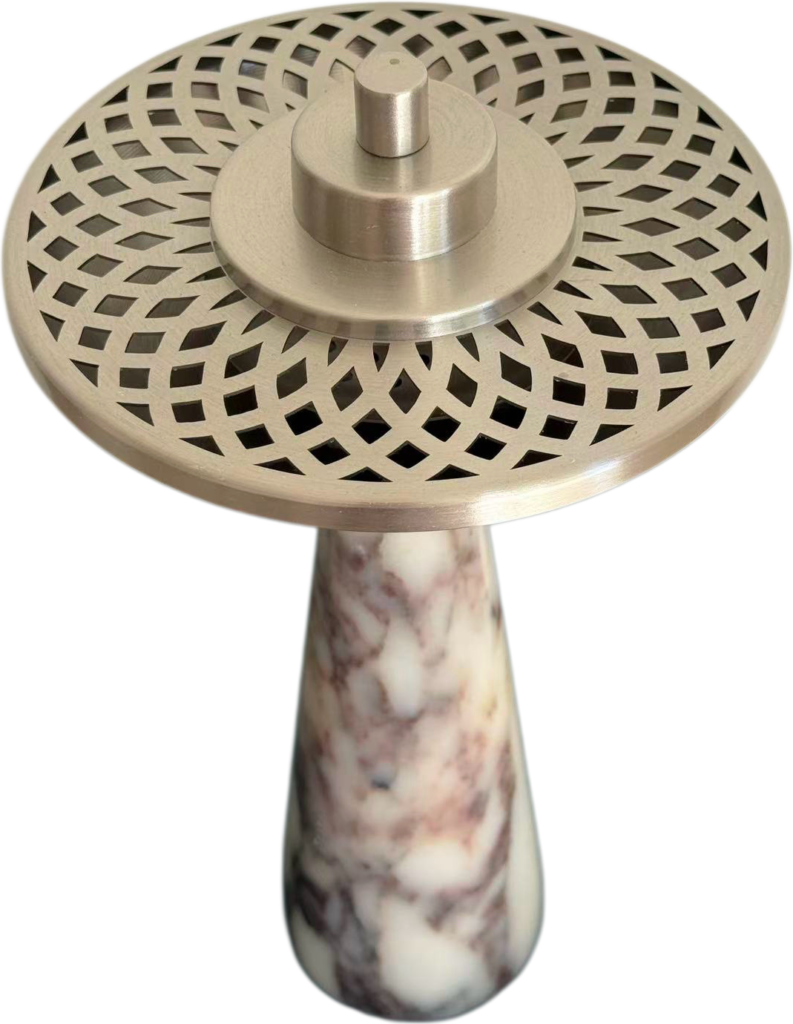 Viola marble incense burner, woven-circle lattice lid from above